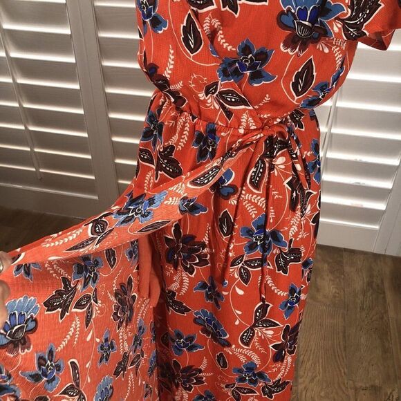 Crescent Surplice Mock Wrap Maxi Dress Small Flutter Sleeve Coral Floral Print - Picture 8 of 12
